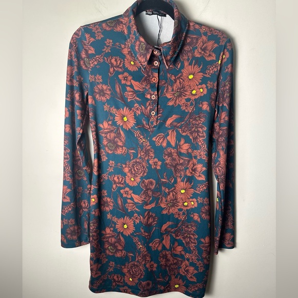 ZARA Women’s Floral Pullover Button Up Long Sleeve Bodycon Dress or Top Sz Small - Picture 2 of 10